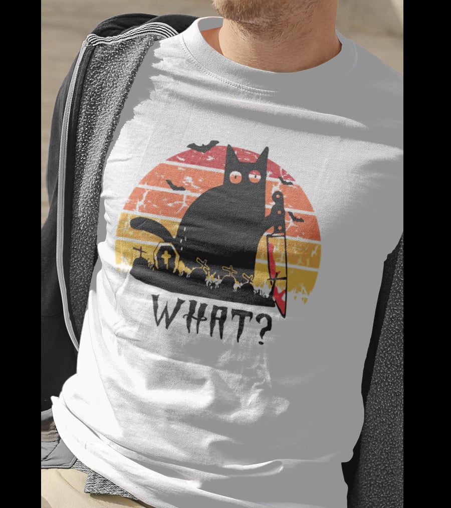 Cat With Sword And Graves Sunset Halloween T-Shirt
