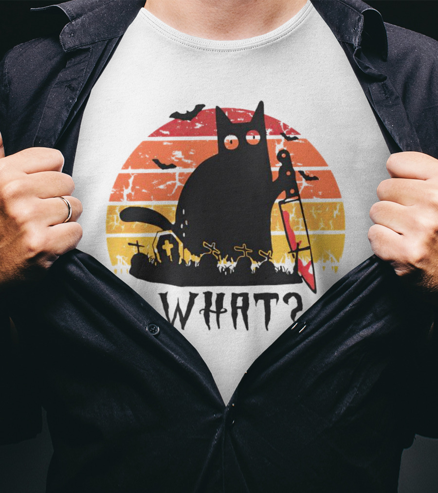 Cat With Sword And Graves Sunset Halloween T-Shirt