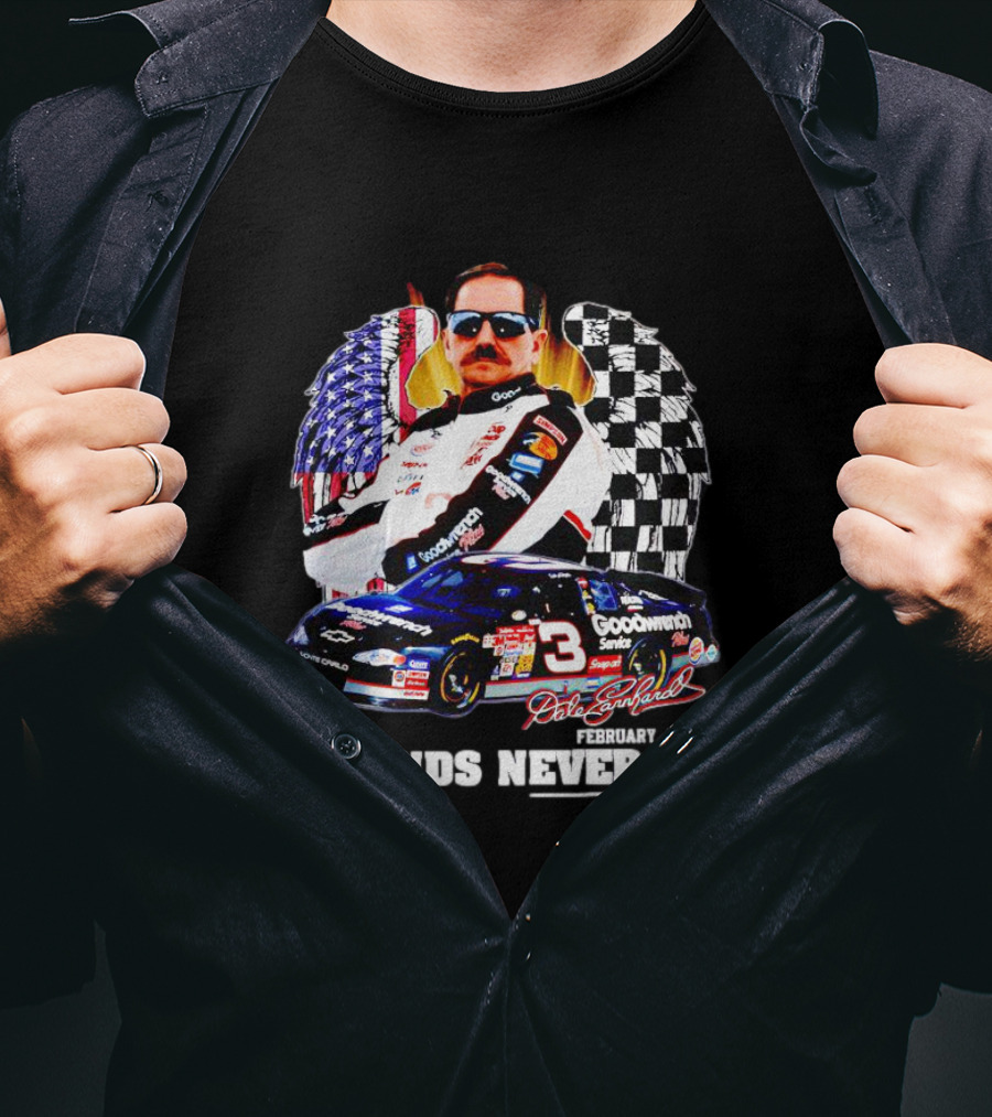 Dale Earnhardt Legends Never Die February 18 2001 Racing Icon American Flag Checkered Flag T-Shirt