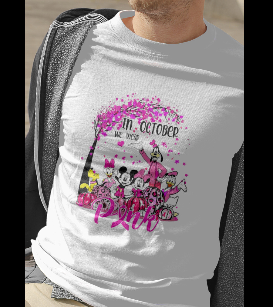 In October We Wear Pink Disney Characters Breast Cancer Awareness T-Shirt