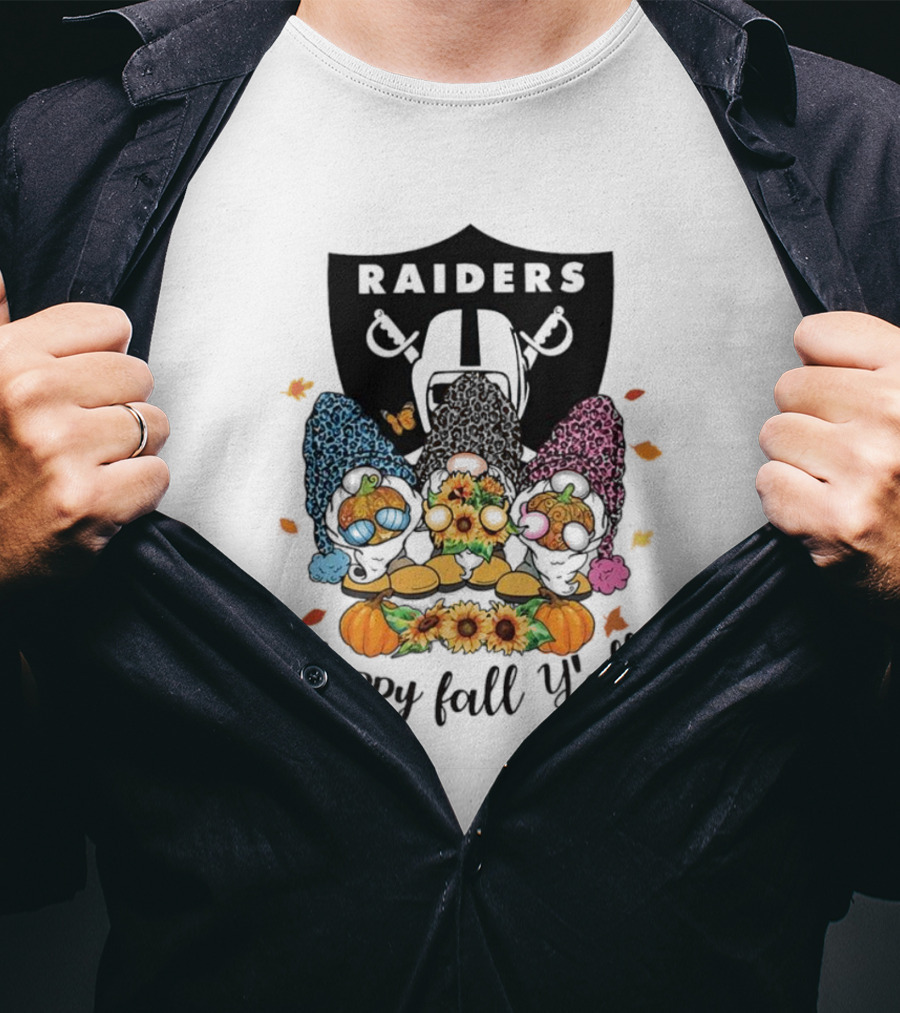 Raiders Gnomes With Sunflowers And Pumpkins Happy Fall Y'all T-Shirt