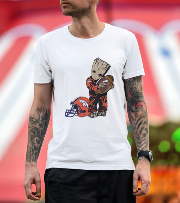 Premium T-Shirt: Groot Hugging Denver Broncos Football and Helmet T-Shirt Groot Hugging Denver Broncos Football and Helmet T-Shirt