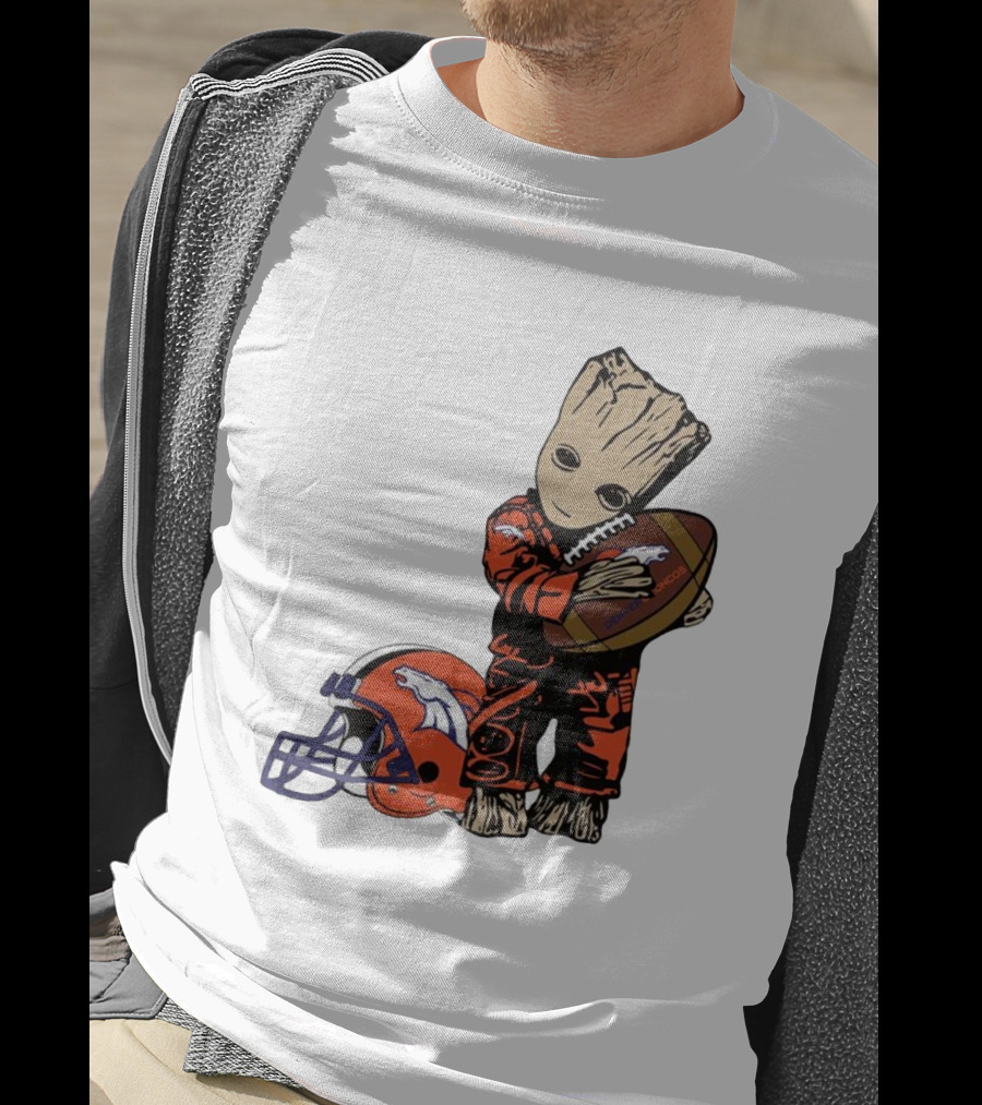 Groot Hugging Denver Broncos Football And Helmet T-Shirt