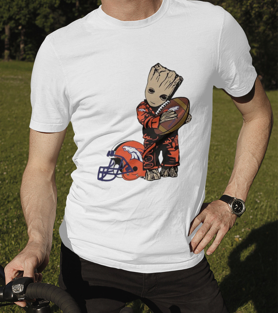 Groot Hugging Denver Broncos Football And Helmet T-Shirt