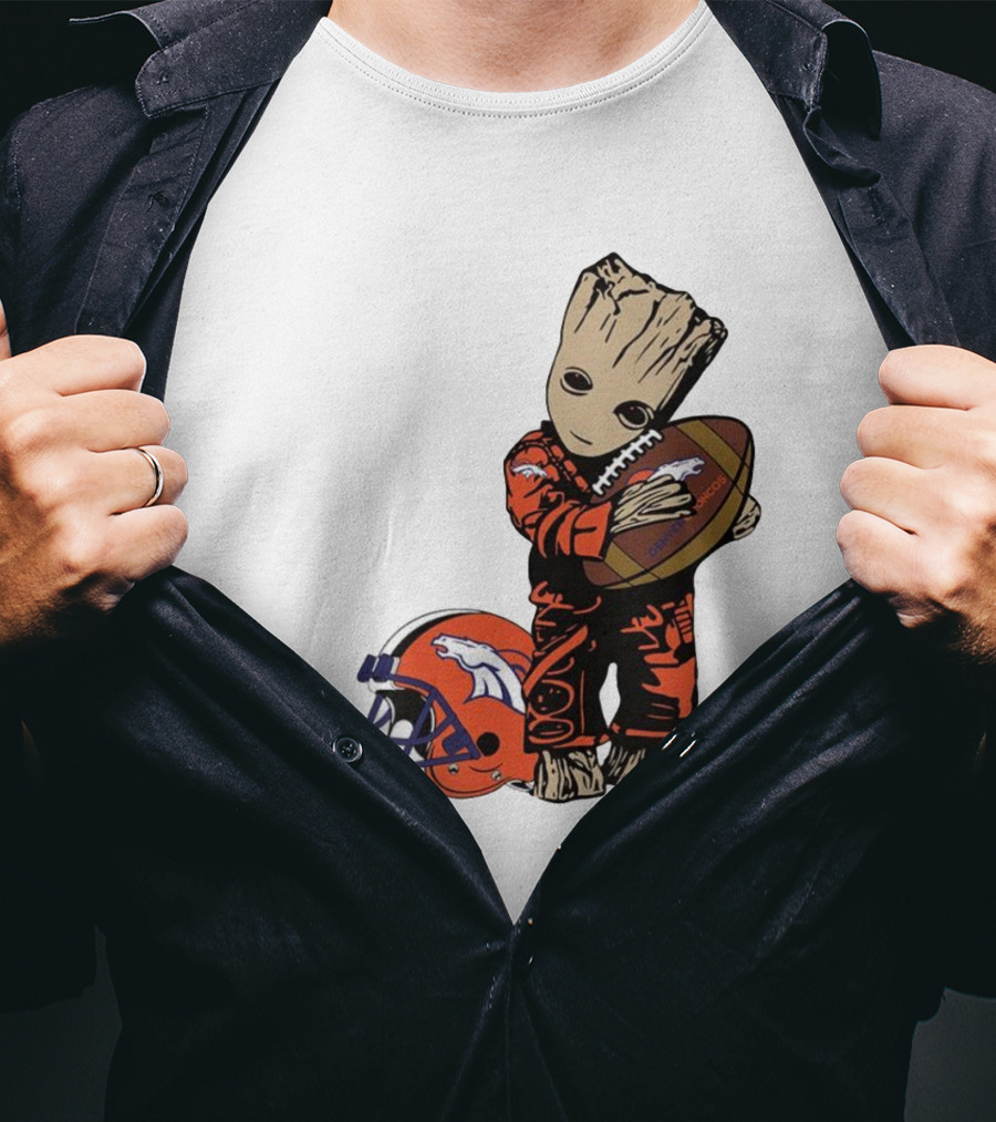 Groot Hugging Denver Broncos Football And Helmet T-Shirt