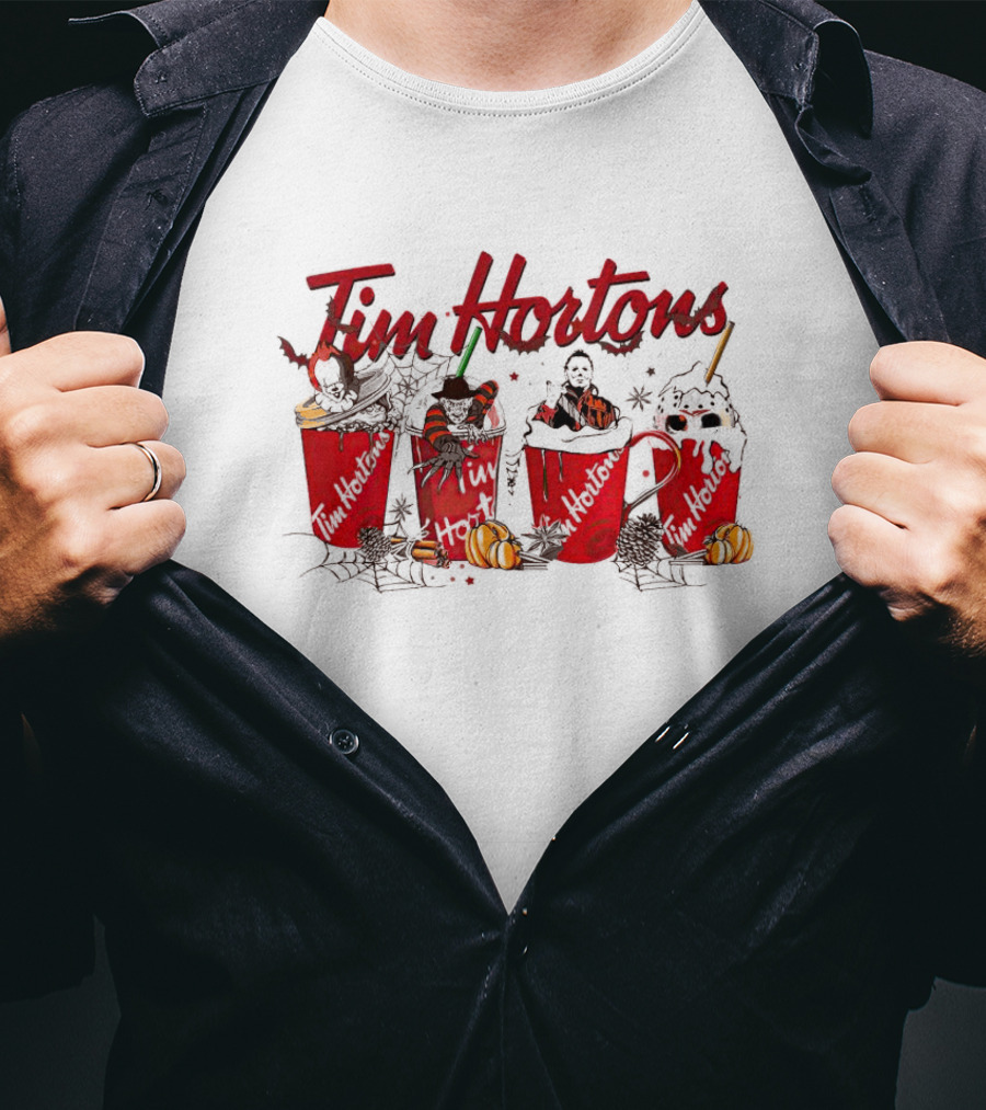 Horror Halloween Tim Hortons Cups With Spooky Figures And Pumpkins T-Shirt