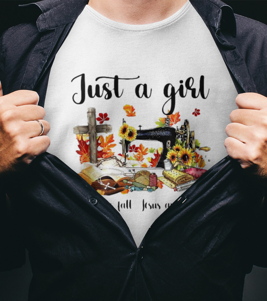 Just A Girl Who Loves Fall Jesus Cross Sewing Fabric T-Shirt