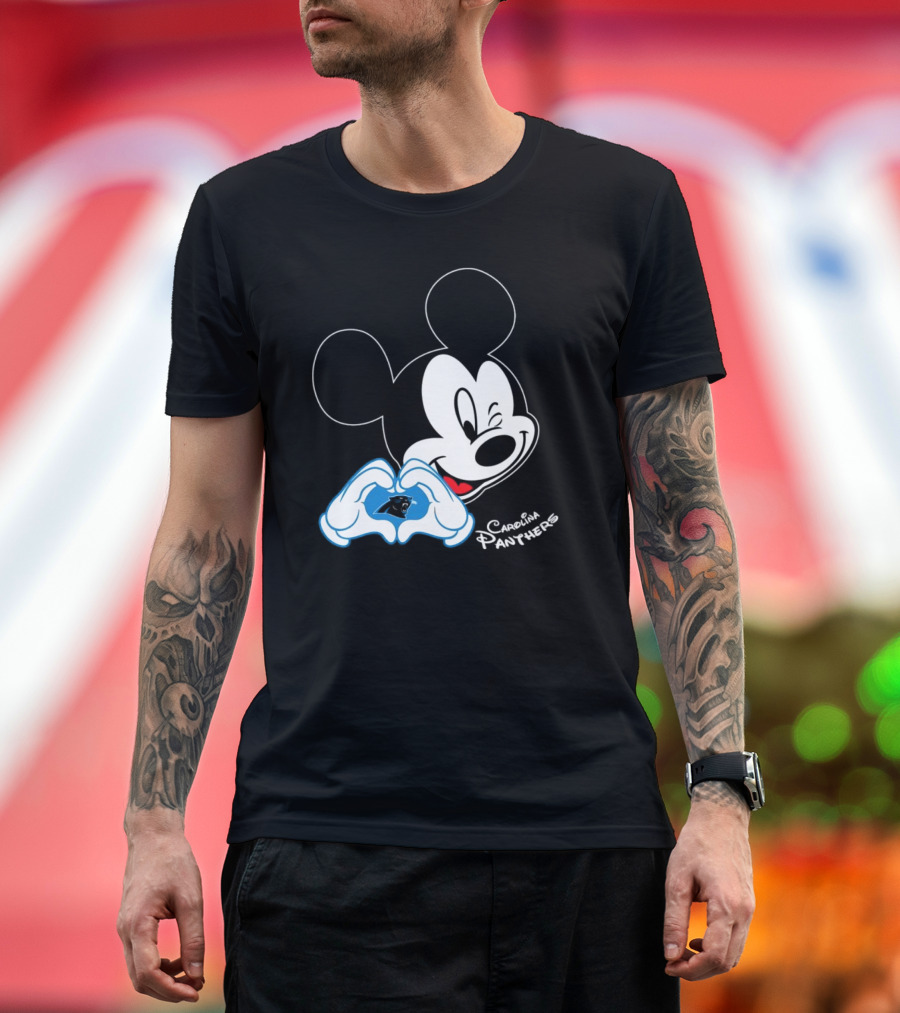 Mickey Carolina Panthers Fan Logo with Heart Gesture T-Shirt