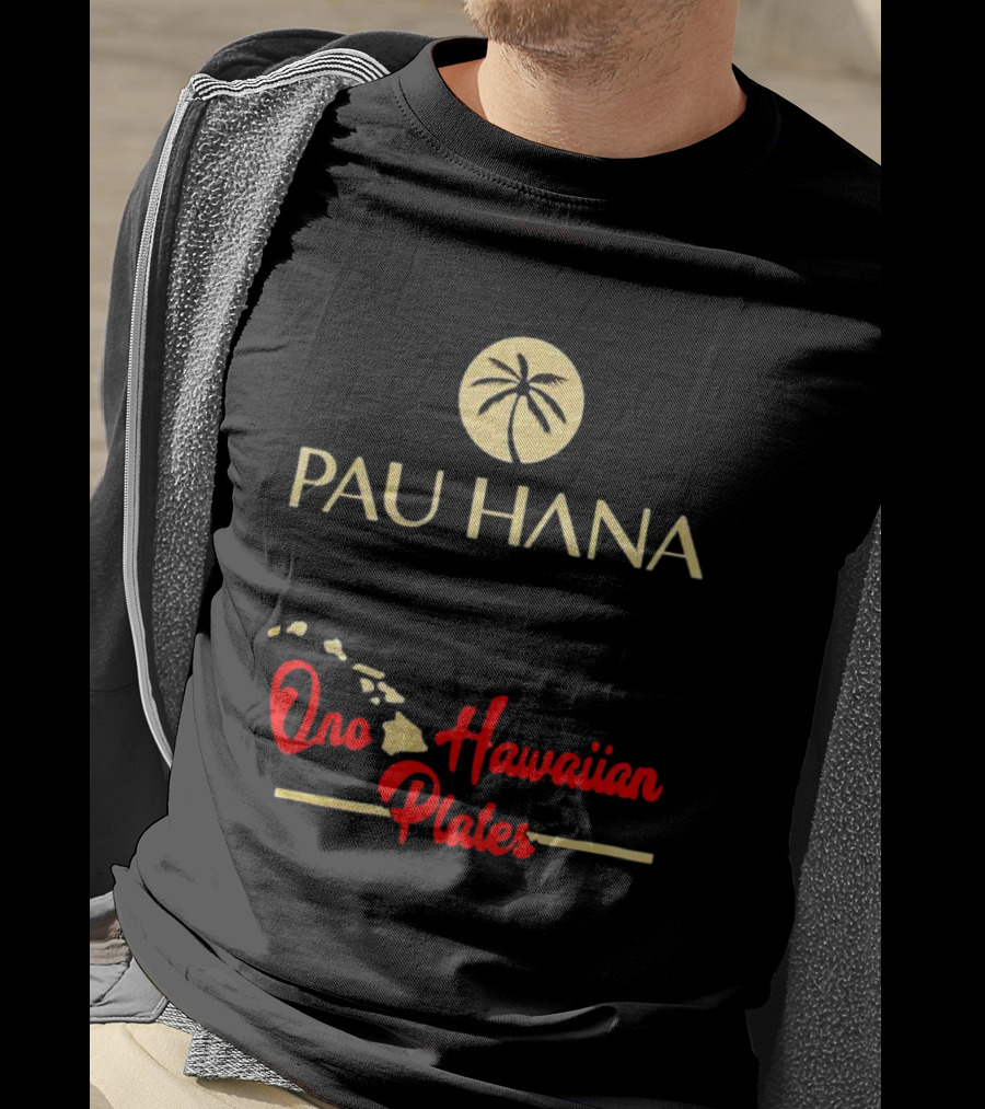 Pau Hana Palm Logo Ono Hawaiian Plates Map T-Shirt