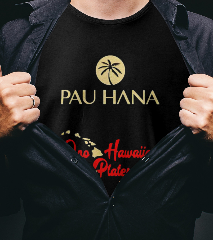 Pau Hana Palm Logo Ono Hawaiian Plates Map T-Shirt