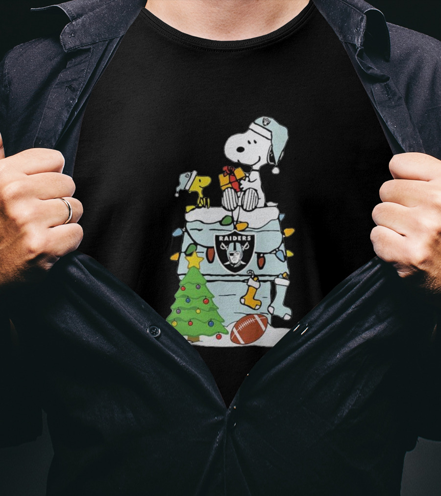 Raiders Snoopy Christmas With Doghouse Lights And Football T-Shirt