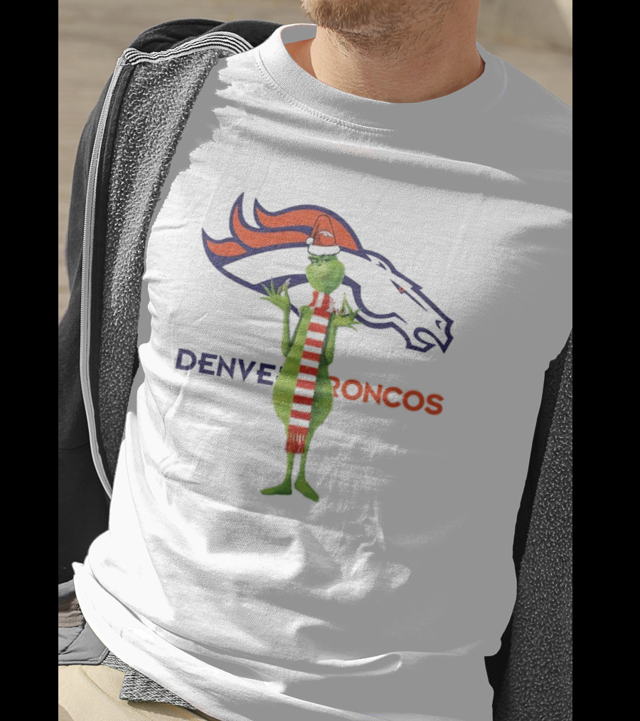Grinch In Santa Hat And Scarf With Denver Broncos T-Shirt