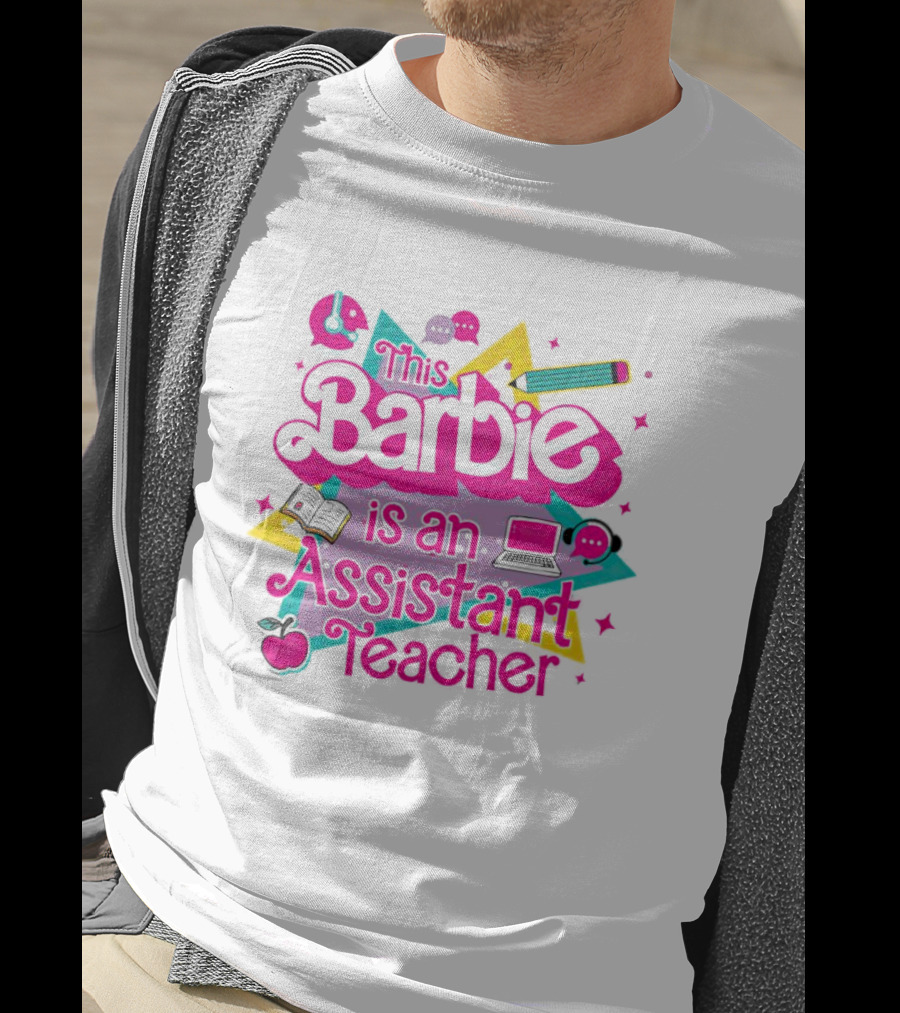 This Barbie Is An Assistant Teacher With Headphones Pencil Book Laptop Apple T-Shirt