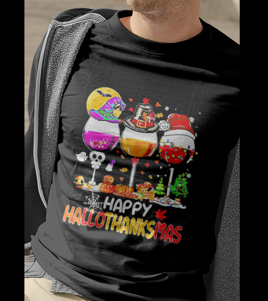 Happy Hallothanksmas Wine Halloween Thanksgiving Christmas T-Shirt