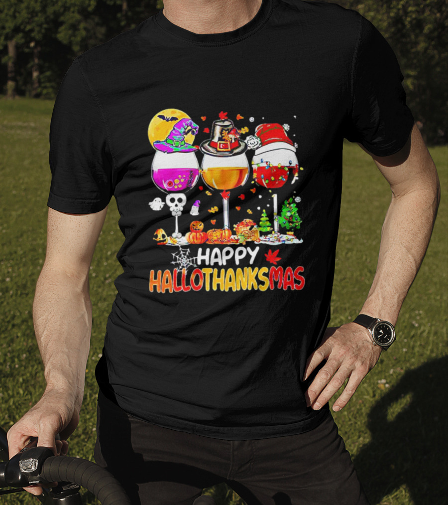 Happy Hallothanksmas Wine Halloween Thanksgiving Christmas T-Shirt