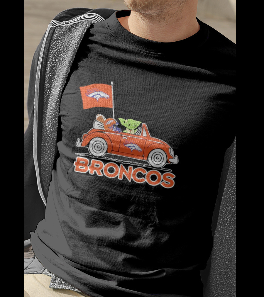 Yoda With Helmet In Denver Broncos Car With Flag T-Shirt