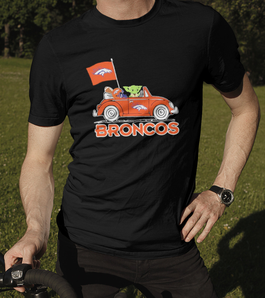 Yoda With Helmet In Denver Broncos Car With Flag T-Shirt