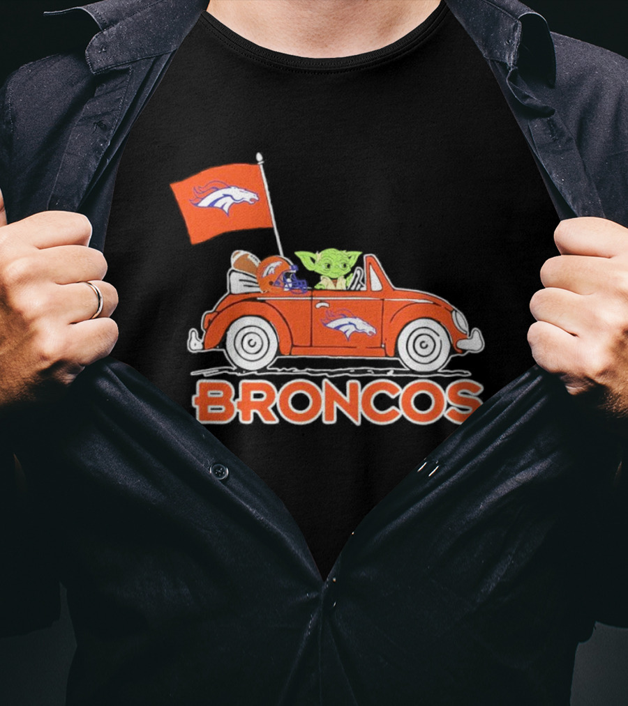 Yoda With Helmet In Denver Broncos Car With Flag T-Shirt