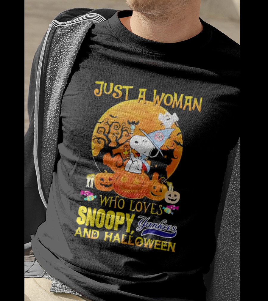 Just A Woman Who Loves Snoopy Yankees And Halloween T-Shirt