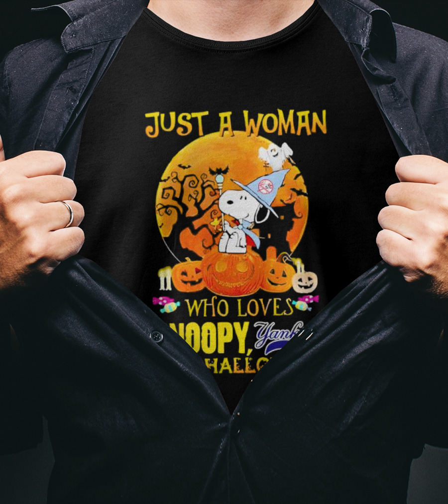 Just A Woman Who Loves Snoopy Yankees And Halloween T-Shirt