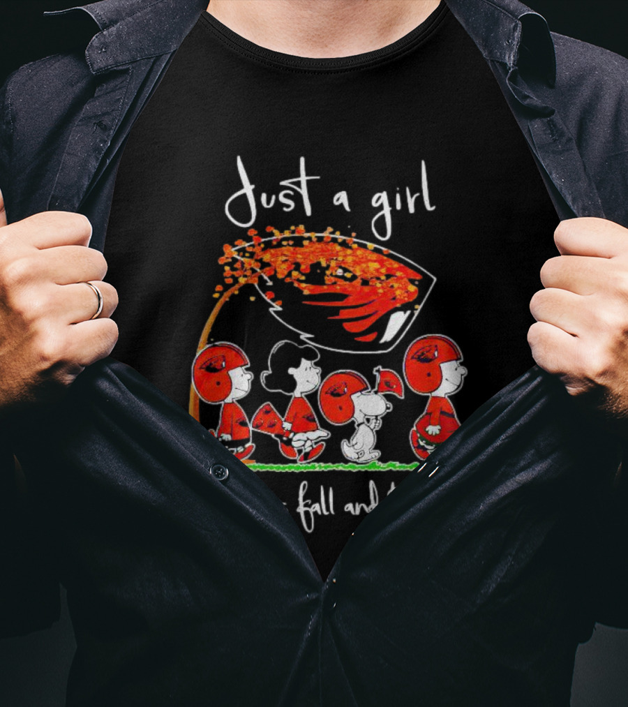 Just A Girl Who Loves Fall And Beavers Peanuts Characters In Football Gear T-Shirt