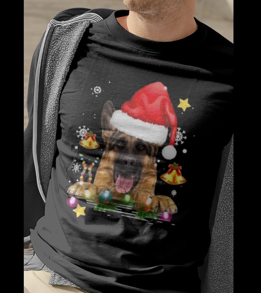 Happy Merry Christmas Lights German Shepherd Dog Festive Santa Hat T-Shirt