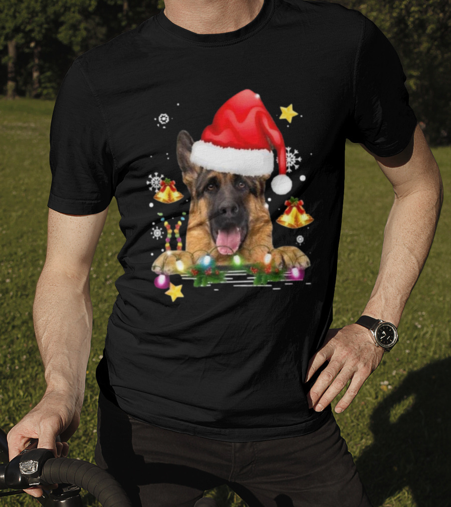 Happy Merry Christmas Lights German Shepherd Dog Festive Santa Hat T-Shirt