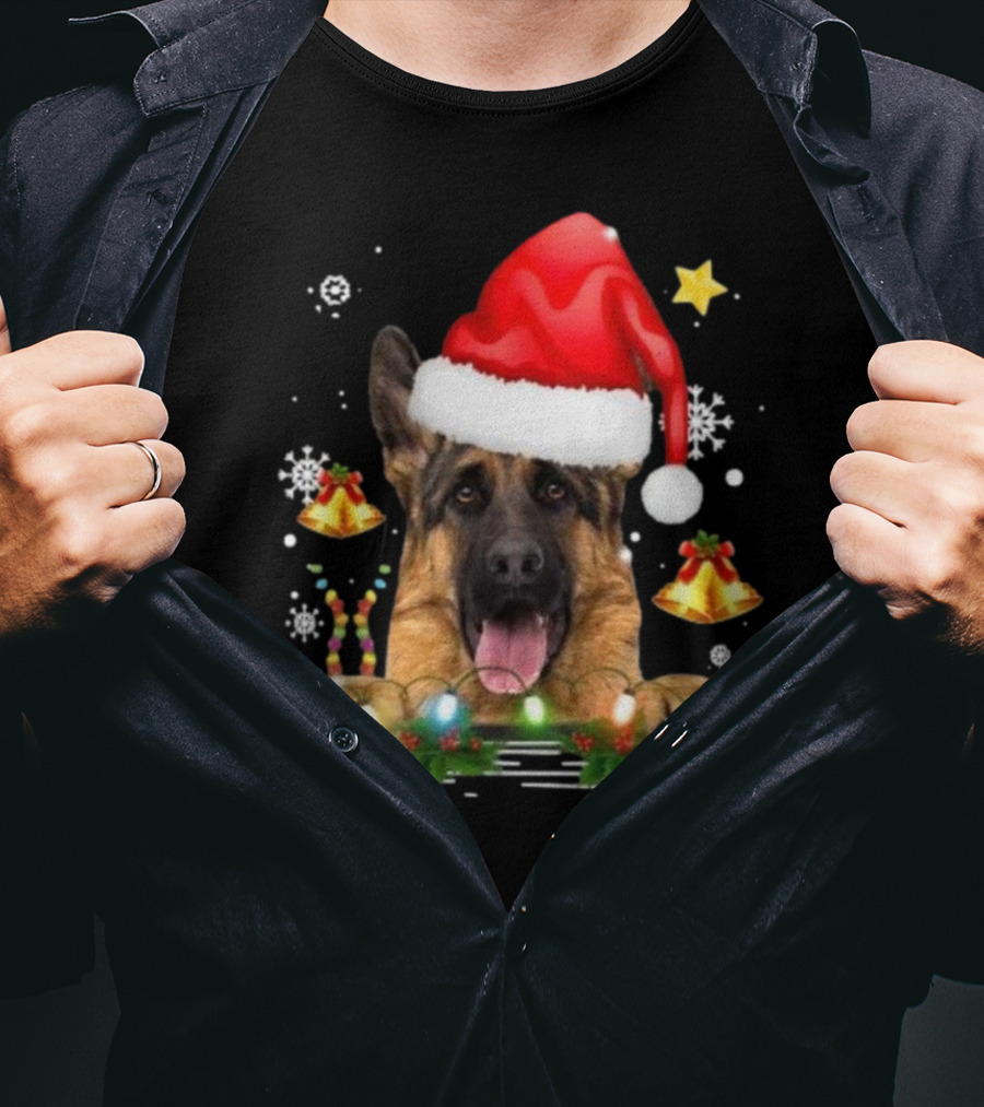Happy Merry Christmas Lights German Shepherd Dog Festive Santa Hat T-Shirt