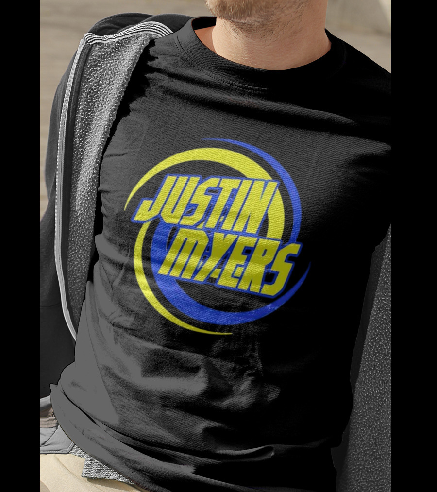 JUSTIN MYERS Blue Yellow Spiral Circle Text T-Shirt