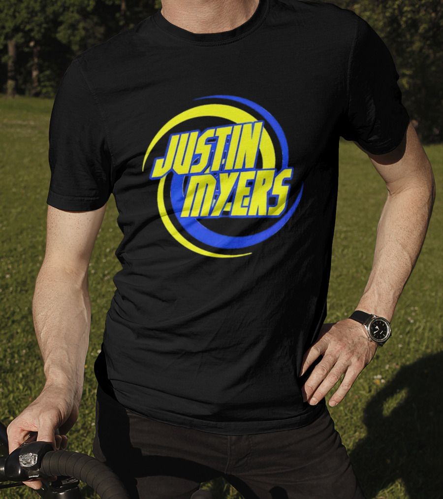 JUSTIN MYERS Blue Yellow Spiral Circle Text T-Shirt