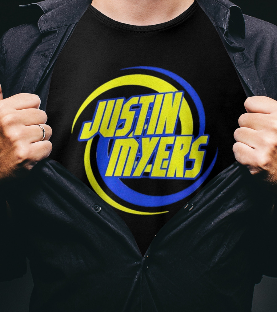 JUSTIN MYERS Blue Yellow Spiral Circle Text T-Shirt