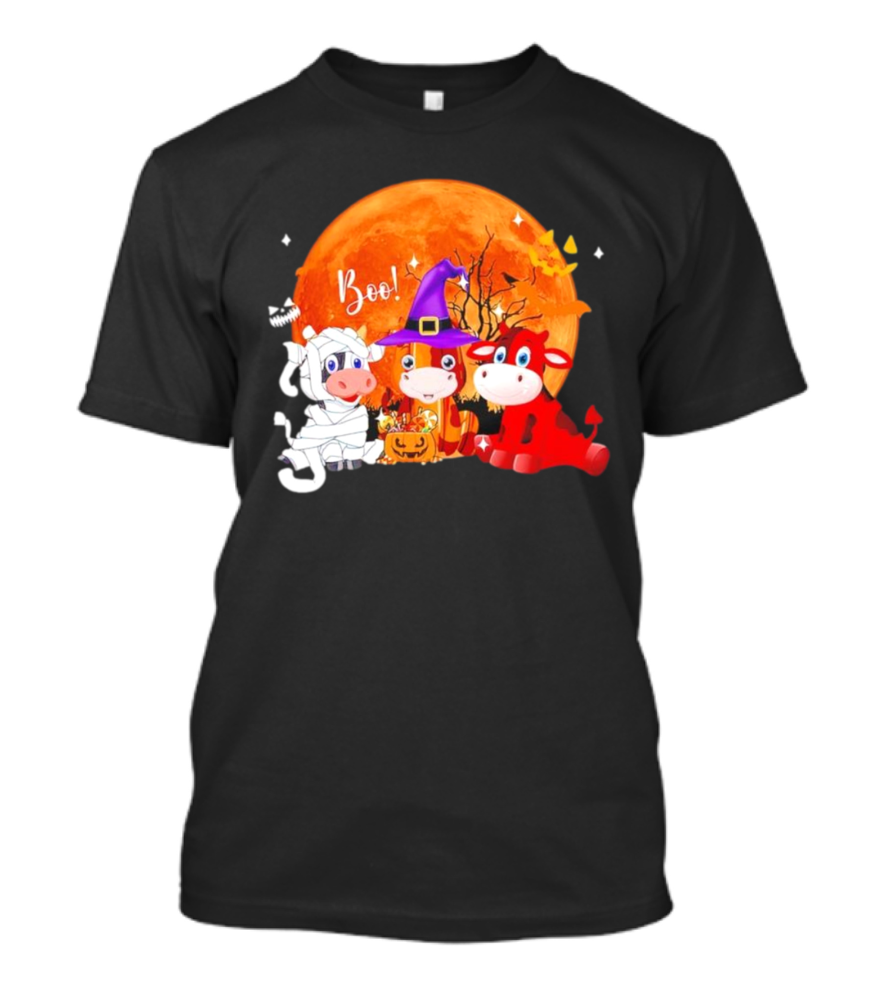 Boo Three Cow Halloween With Witch Hat Mummy And Devil In Front Of Full Moon T-Shirt