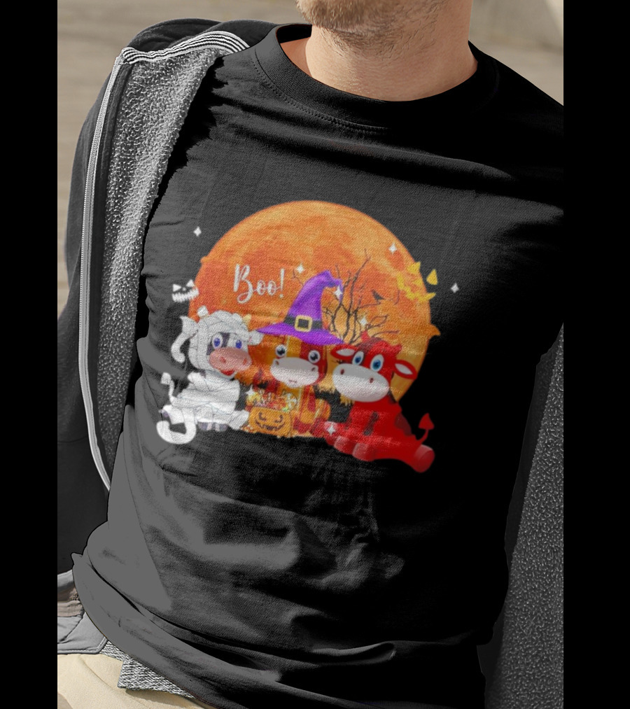 Boo Three Cow Halloween With Witch Hat Mummy And Devil In Front Of Full Moon T-Shirt