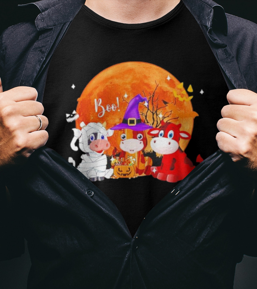 Boo Three Cow Halloween With Witch Hat Mummy And Devil In Front Of Full Moon T-Shirt
