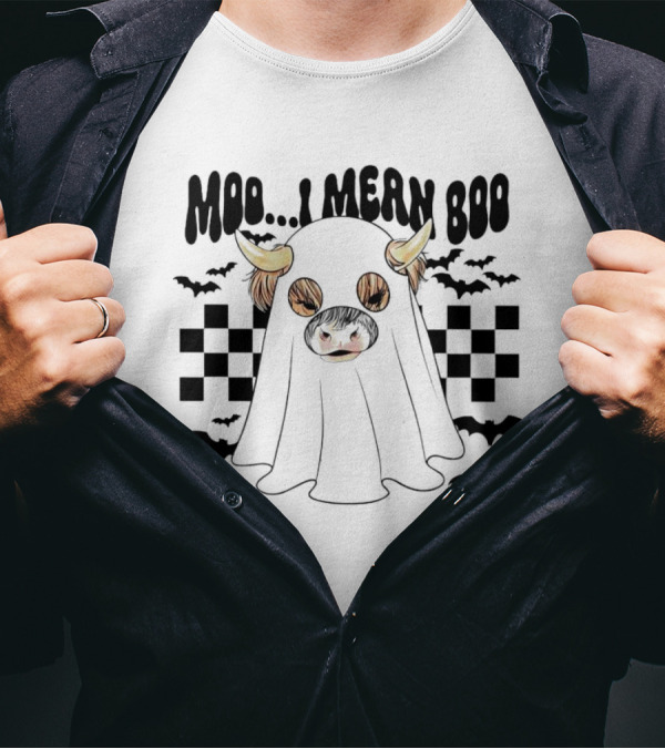 Moo I Mean Boo Ghost Cow With Bats And Checkered T-Shirt