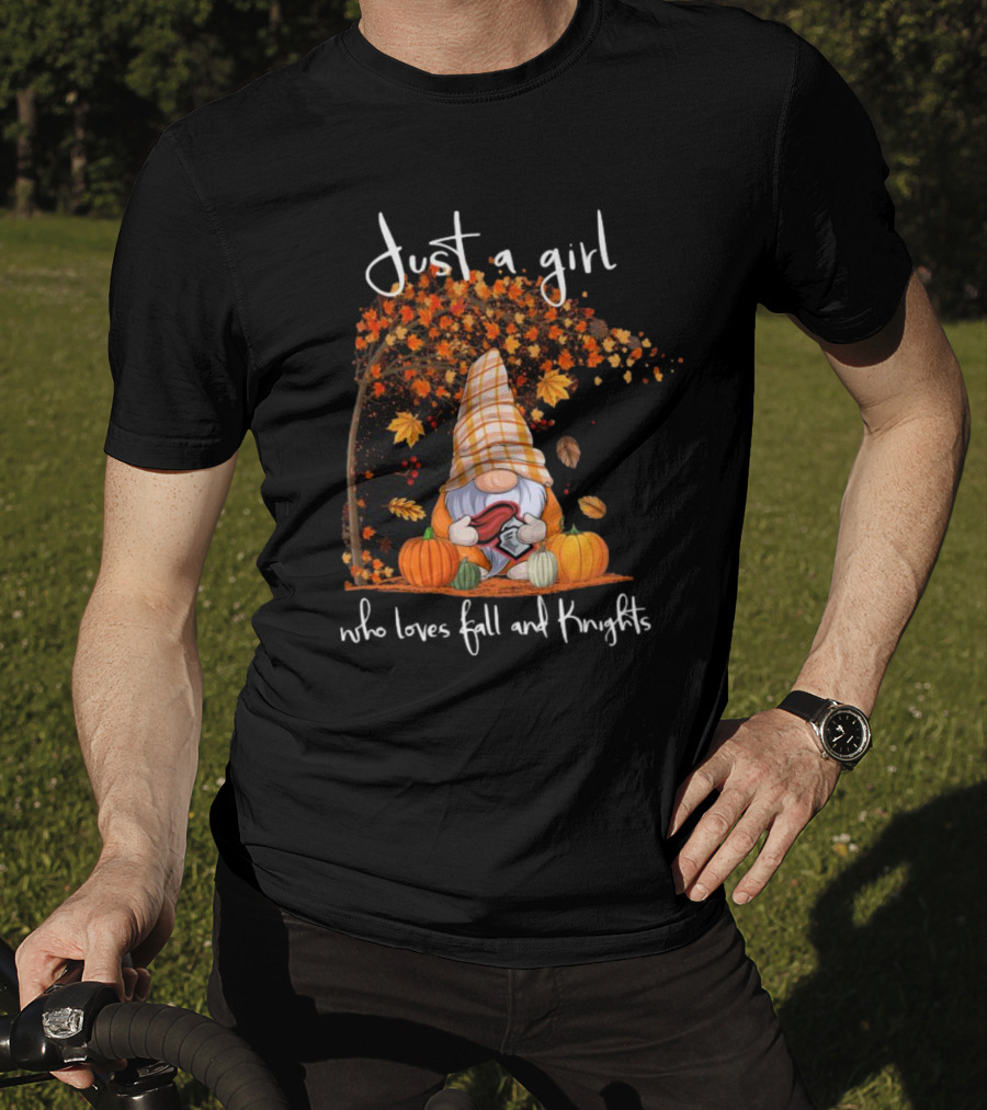 Just A Girl Who Loves Fall And Knights With Gnome And Autumn Leaves T-Shirt