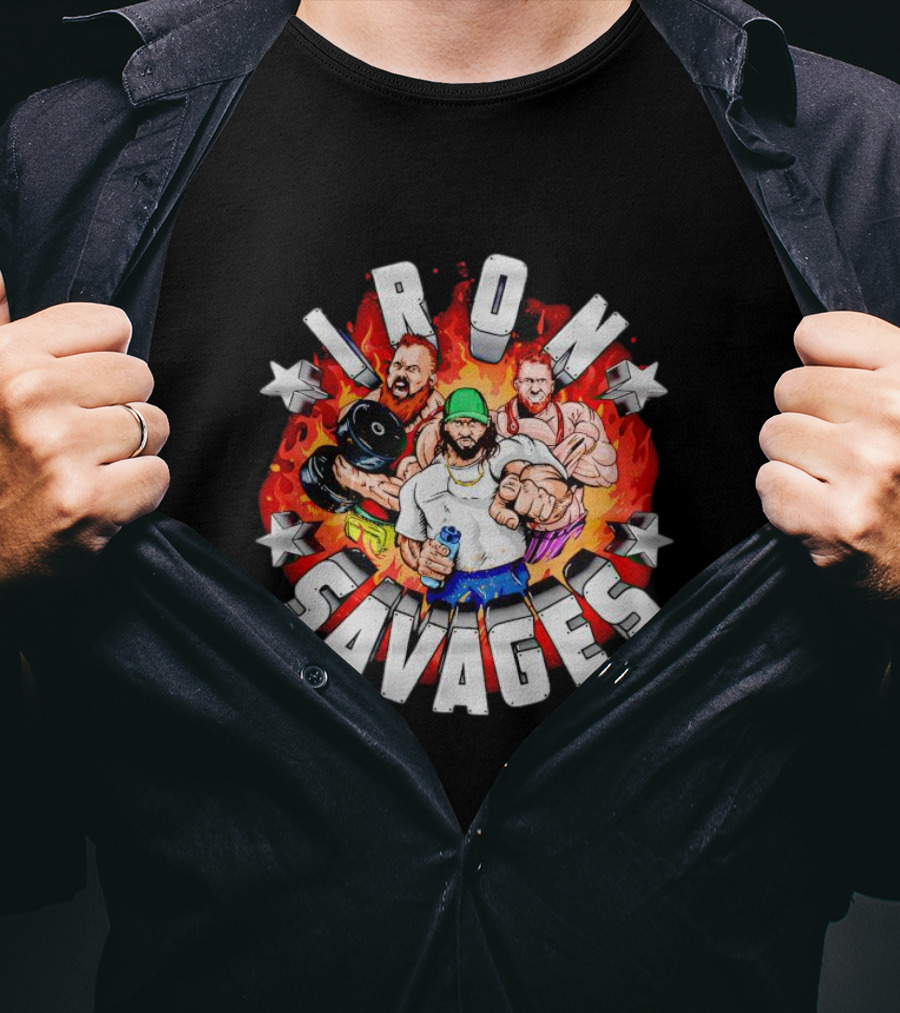 Iron Savages Pumping Iron Bodybuilders With Stars And Flames T-Shirt