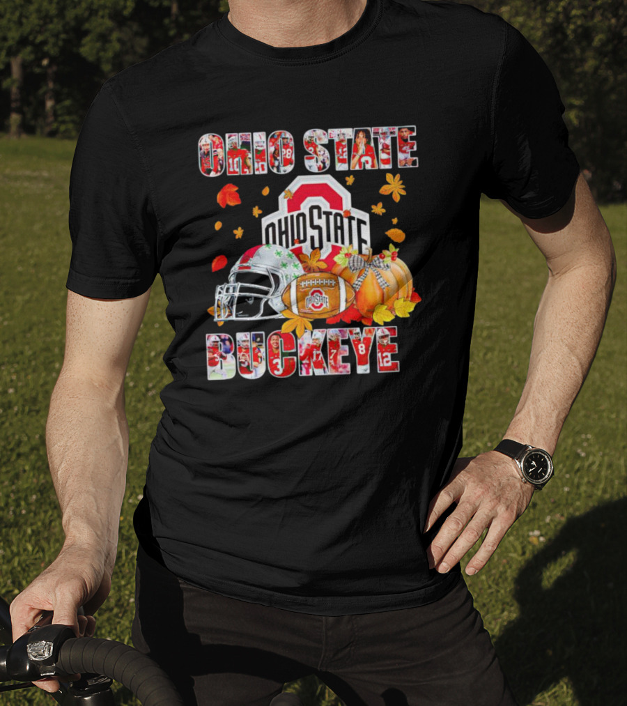 Ohio State Buckeyes Football Autumn Leaves Helmet Pumpkins T-Shirt