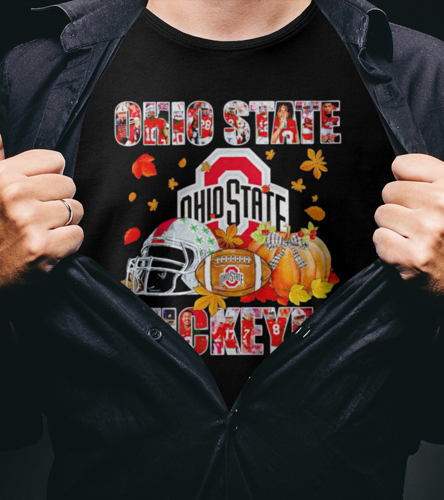 Ohio State Buckeyes Football Autumn Leaves Helmet Pumpkins T-Shirt