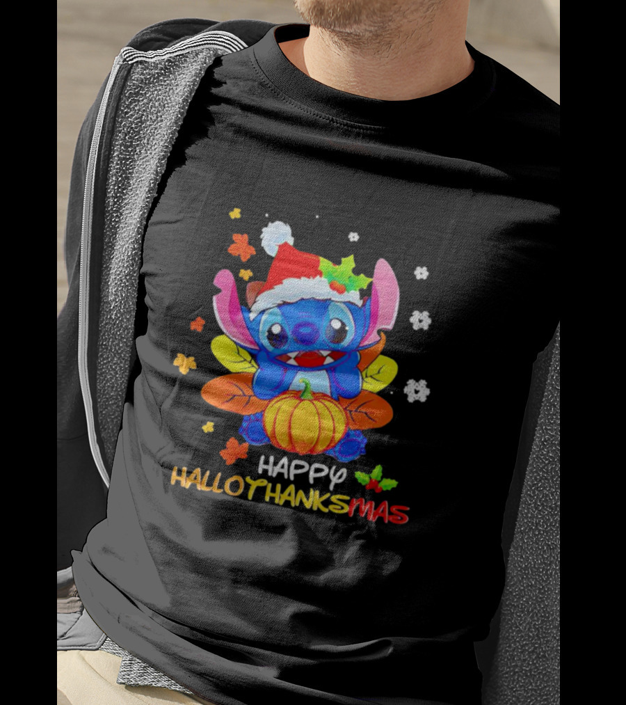 Stitch Happy Hallothanksmas Santa Hat Pumpkin Leaves Snowflakes T-Shirt