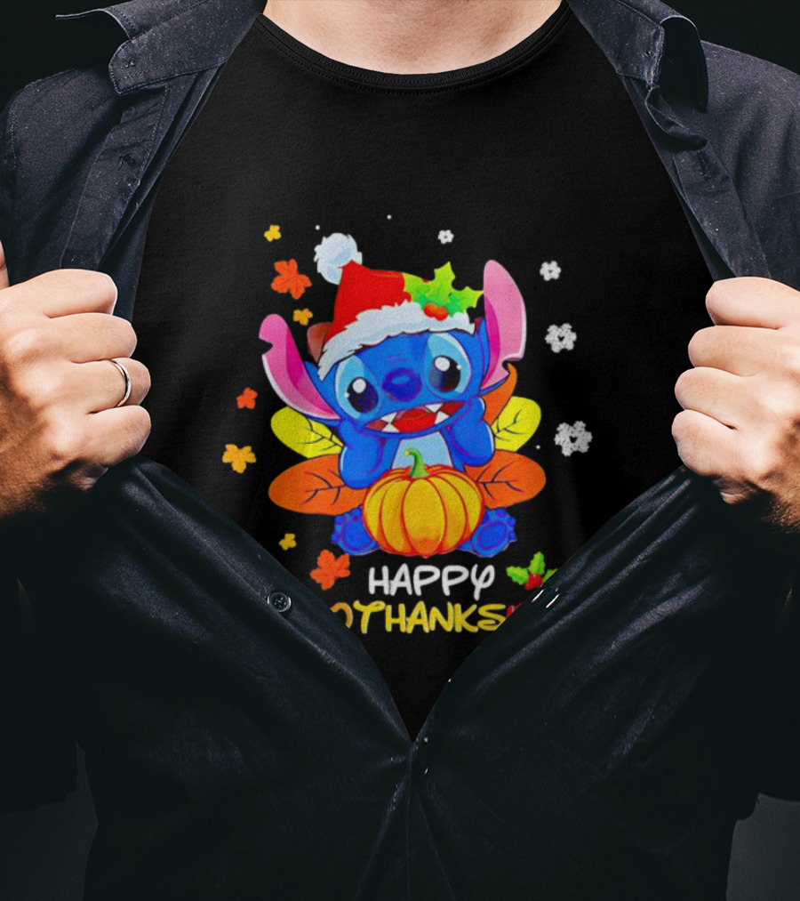 Stitch Happy Hallothanksmas Santa Hat Pumpkin Leaves Snowflakes T-Shirt