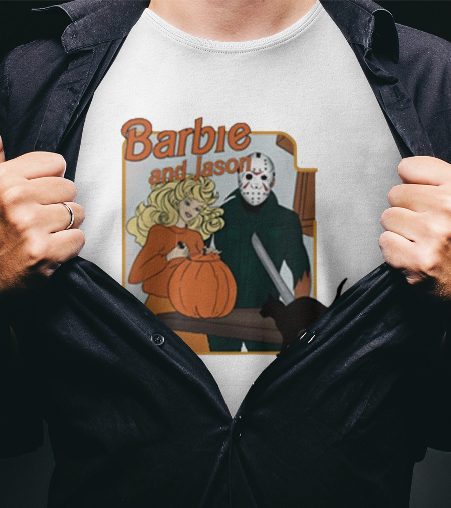 Barbie And Jason Halloween Pumpkin Carving With Black Cat T-Shirt