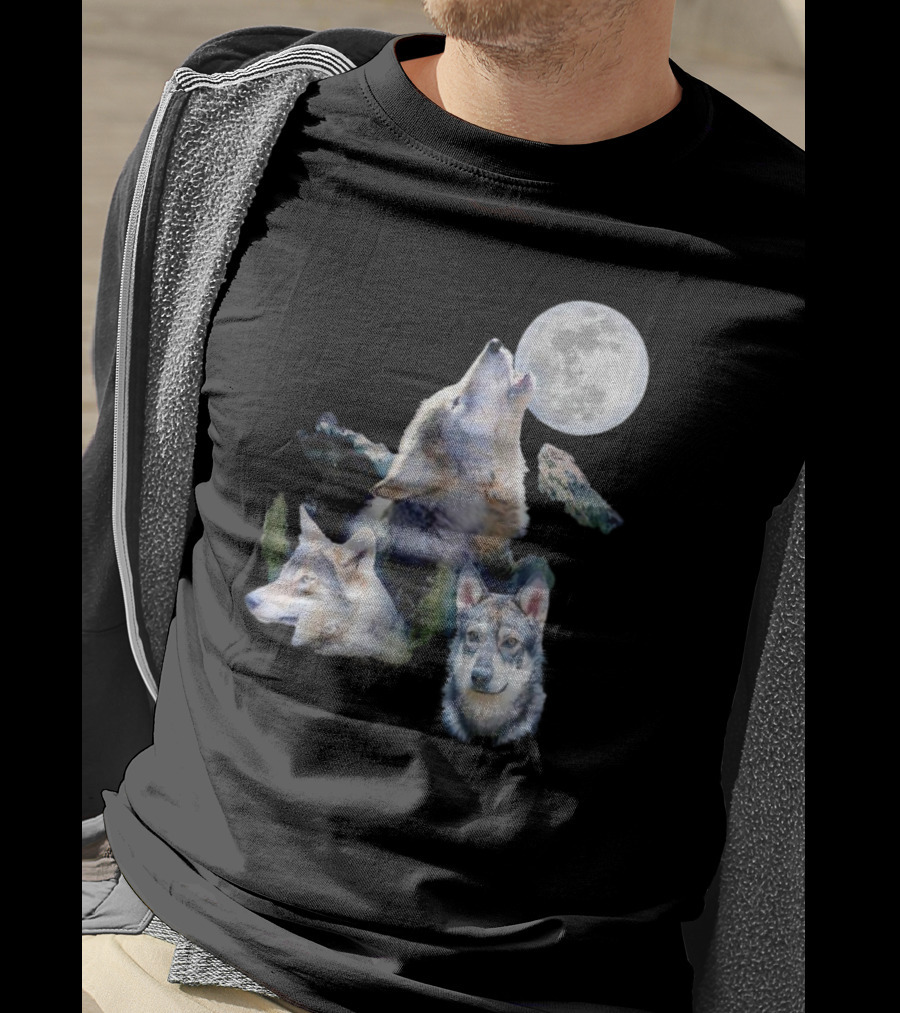 Gas Station Wolf Howling At Full Moon Trio T-Shirt