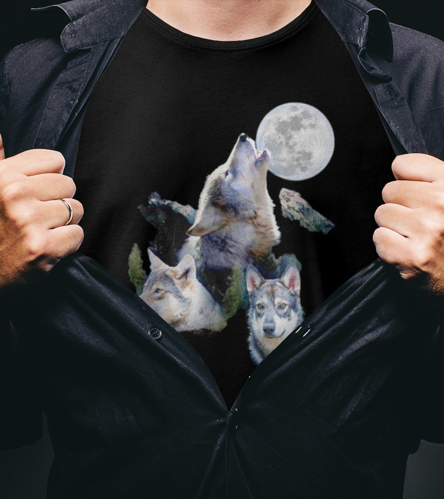 Gas Station Wolf Howling At Full Moon Trio T-Shirt