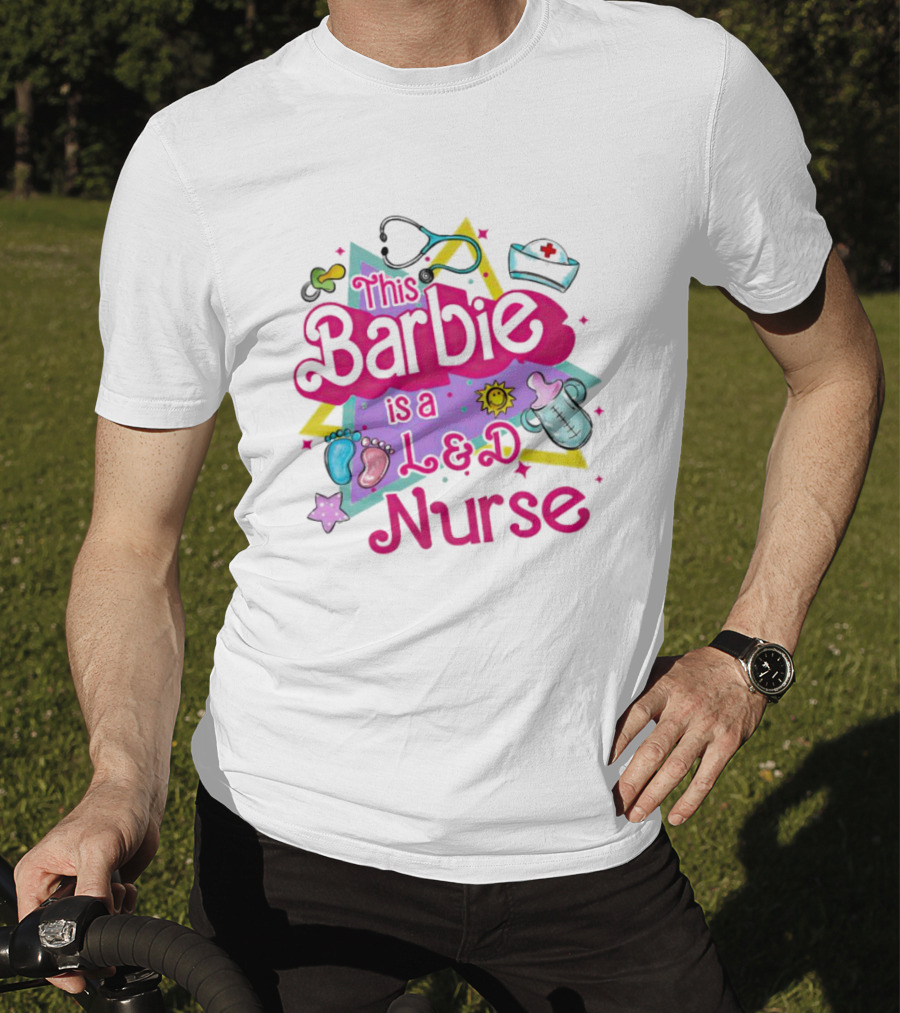 This Barbie Is A L&D Nurse With Stethoscope Baby Feet Bottle Sun Icons T-Shirt