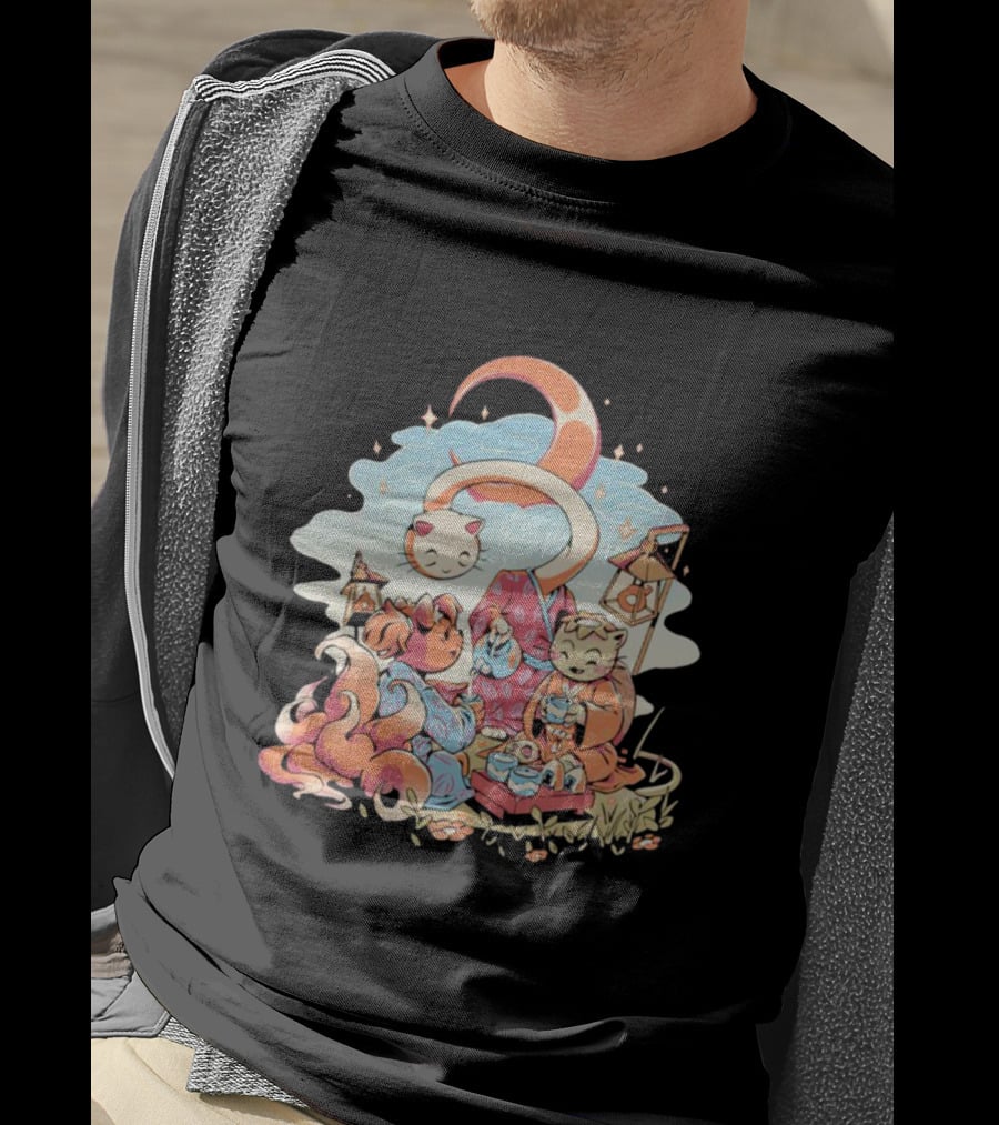 Cat Night Tea Lunar Gathering Whimsical Feline Picnic T-Shirt