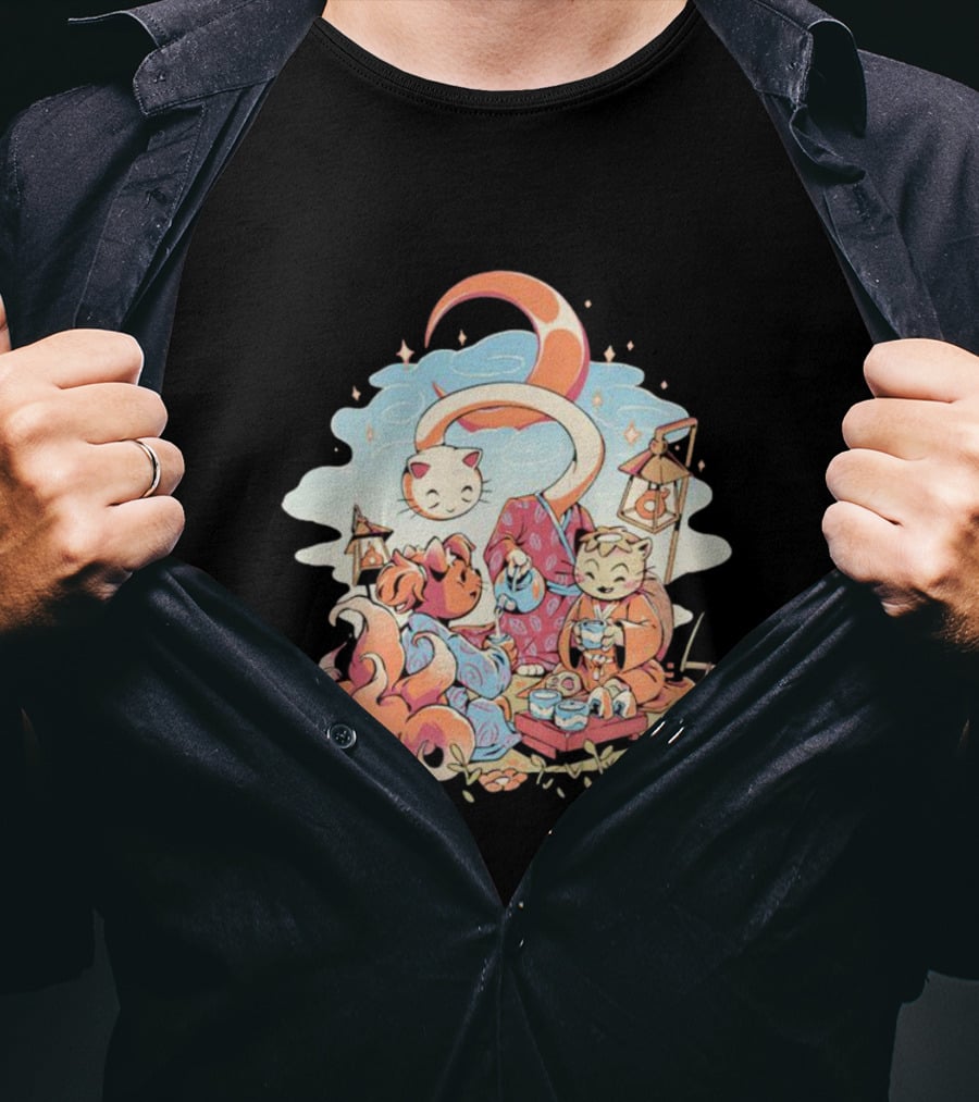 Cat Night Tea Lunar Gathering Whimsical Feline Picnic T-Shirt