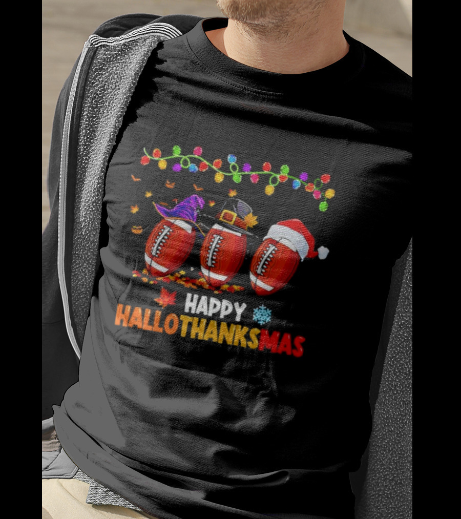 Happy Hallothanksmas Footballs With Halloween Thanksgiving Christmas Elements T-Shirt