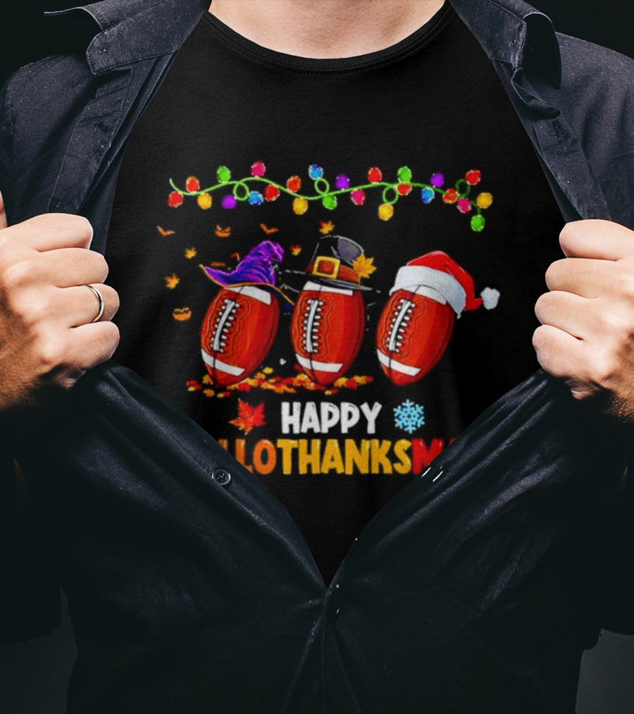 Happy Hallothanksmas Footballs With Halloween Thanksgiving Christmas Elements T-Shirt