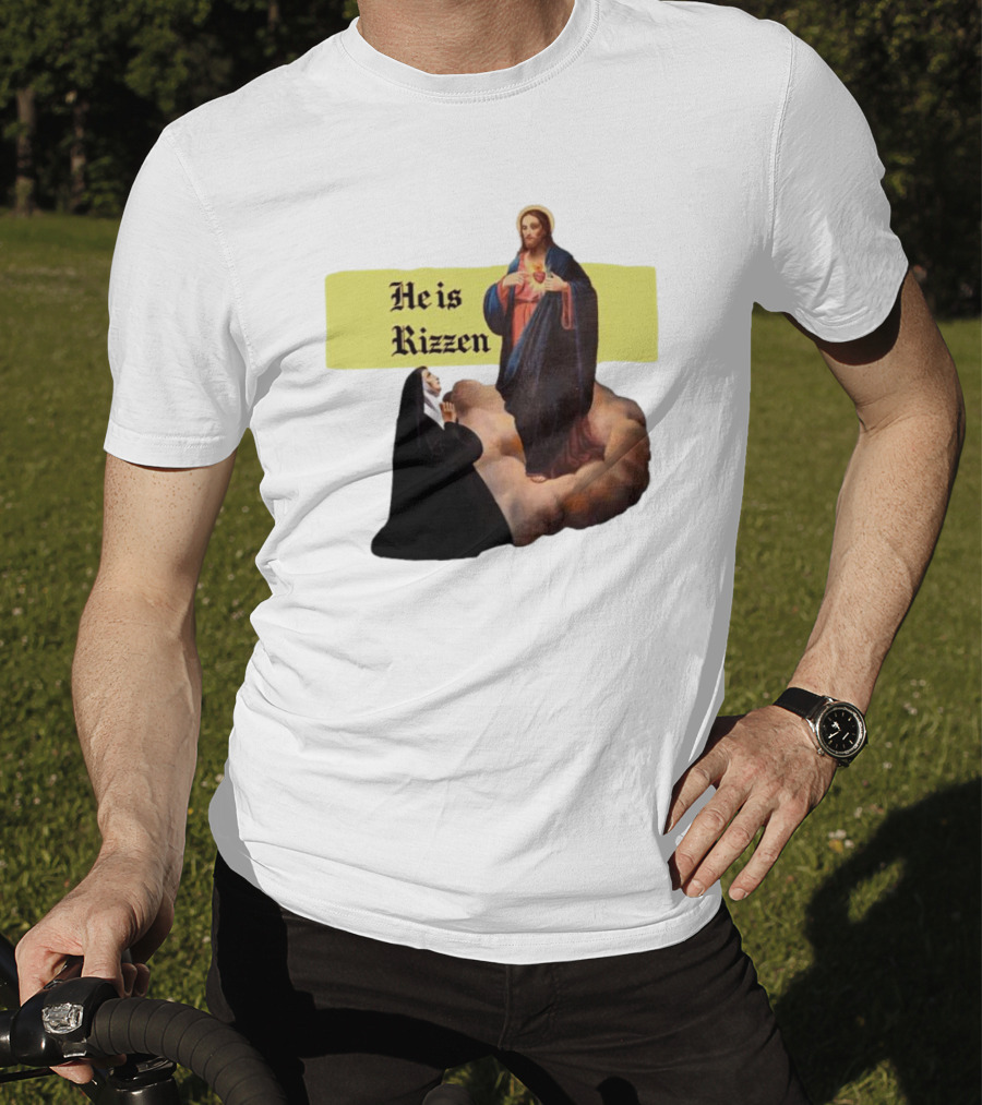 He Is Rizzen Jesus With Nun Praying On Cloud T-Shirt